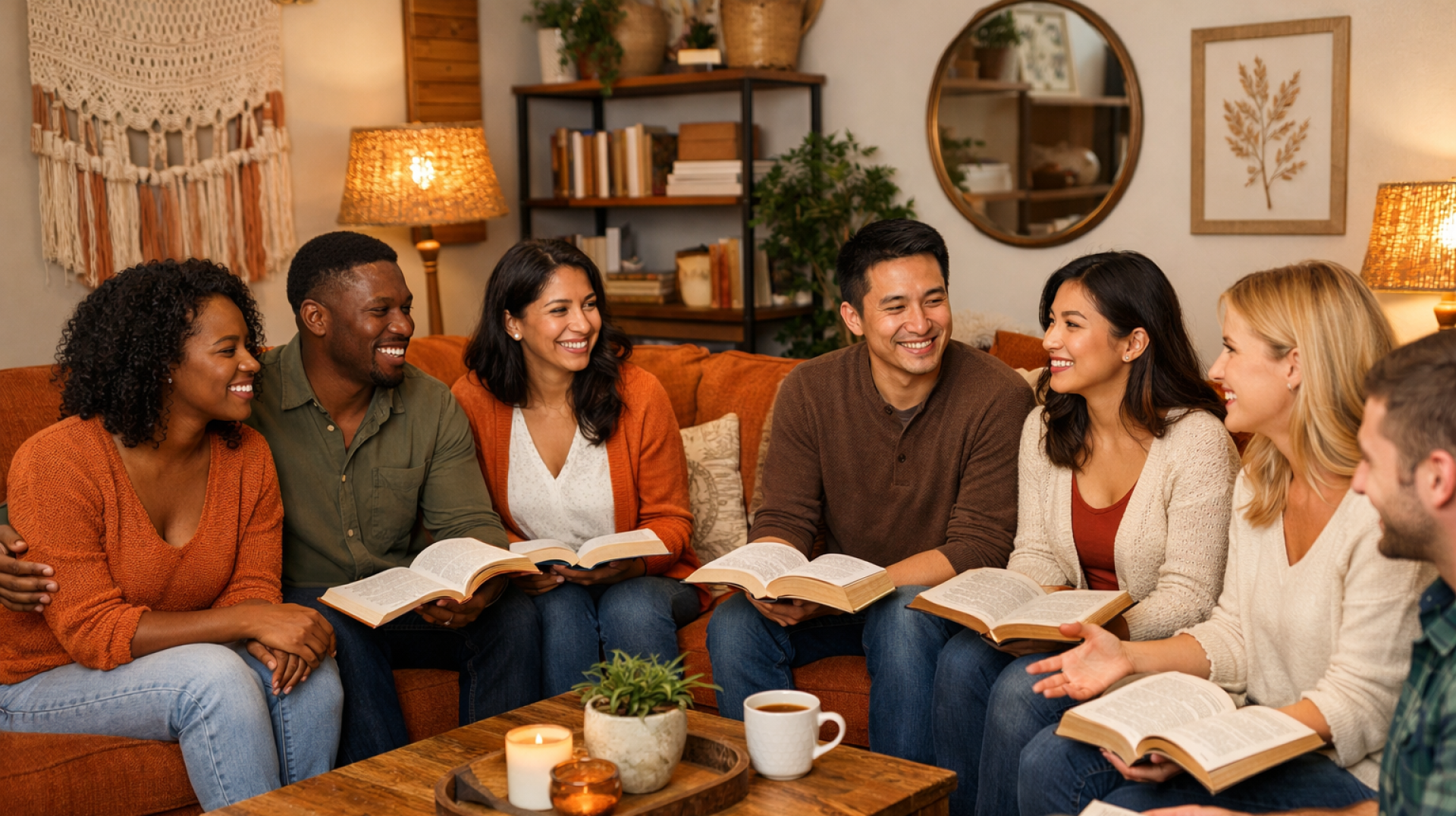 Two women sitting on a bed, holding hands in prayer, creating a serene atmosphere.
