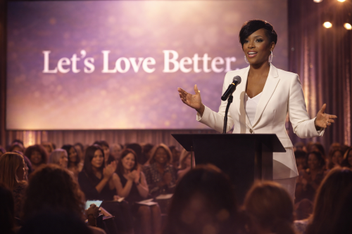 A joyful woman in a white sweater laughs while standing near sunlit curtains indoors.